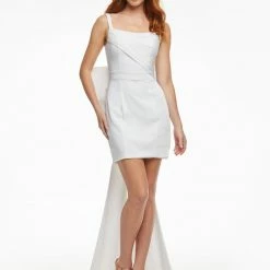 Ashleylauren Ashley Lauren 4447 White Cocktail Dress Square Neckline Crepe Oversized Bow In Back