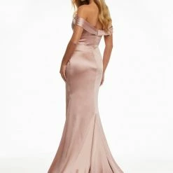Ashleylauren Ashley Lauren 11020 Off Shoulder Satin Prom Dress Pageant Gown With Slit