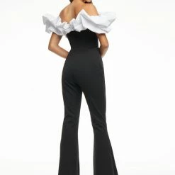 Ashleylauren Jumpsuits & Rompers Ashley Lauren 11058 Black/White Jumpsuit Scuba Oversized Ruffle Off The Shoulder Flare Legs