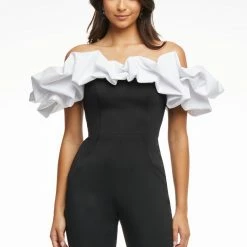 Ashleylauren Jumpsuits & Rompers Ashley Lauren 11058 Hot Pink Jumpsuit Scuba Oversized Ruffle Off The Shoulder Flare Legs