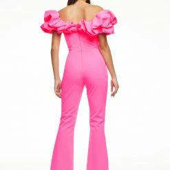 Ashleylauren Jumpsuits & Rompers Ashley Lauren 11058 Black/White Jumpsuit Scuba Oversized Ruffle Off The Shoulder Flare Legs