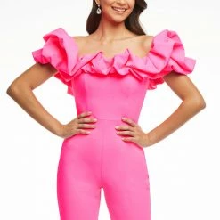 Ashleylauren Jumpsuits & Rompers Ashley Lauren 11058 Black/White Jumpsuit Scuba Oversized Ruffle Off The Shoulder Flare Legs