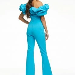 Ashleylauren Jumpsuits & Rompers Ashley Lauren 11058 Hot Pink Jumpsuit Scuba Oversized Ruffle Off The Shoulder Flare Legs
