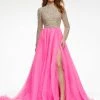 Ashleylauren Ashley Lauren 11065 Hot Pink Pageant Dress Embellished Long Sleeves Cutout Back