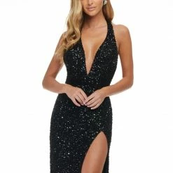 Ashleylauren Backless Dresses Ashley Lauren 11068 Red Prom Dress Evening Gown Sequins Halter Neckline Slit Backless