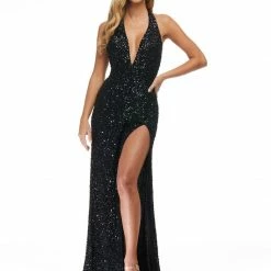 Ashleylauren Backless Dresses Ashley Lauren 11068 Red Prom Dress Evening Gown Sequins Halter Neckline Slit Backless