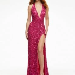Ashleylauren Backless Dresses Ashley Lauren 11068 Red Prom Dress Evening Gown Sequins Halter Neckline Slit Backless