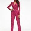 Ashleylauren Backless Dresses Ashley Lauren 11077 Fuchsia Jumpsuit Sequins Choker V Neckline Straight Legs