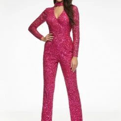 Ashleylauren Backless Dresses Ashley Lauren 11077 Fuchsia Jumpsuit Sequins Choker V Neckline Straight Legs