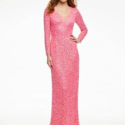 Ashleylauren Ashley Lauren 11080 Hot Pink Prom Dress Sweetheart Neckline Long Sleeves Sequin Sequin Dresses