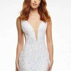 Ashleylauren Ashley Lauren 11081 Ivory Prom Dress Sequins V Neckline Low Back Sheer Cutouts Backless Dresses