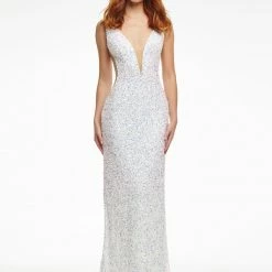 Ashleylauren Ashley Lauren 11081 Ivory Prom Dress Sequins V Neckline Low Back Sheer Cutouts Backless Dresses
