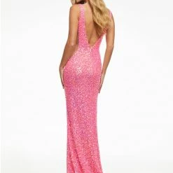 Ashleylauren Ashley Lauren 11081 Ivory Prom Dress Sequins V Neckline Low Back Sheer Cutouts Backless Dresses