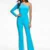 Ashleylauren Ashley Lauren 11083 Turquoise Jumpsuit One Shoulder Long Sleeve Flared Pants Legs