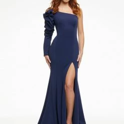 Ashleylauren Ashley Lauren 11085 Red Prom Dress One Puff Long Sleeve Left Side Slit Pageant Dress