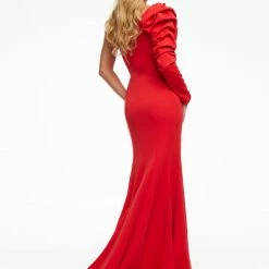 Ashleylauren Ashley Lauren 11085 Red Prom Dress One Puff Long Sleeve Left Side Slit Pageant Dress