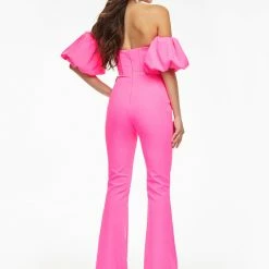 Ashleylauren Corset Dresses Ashley Lauren 11087 Hot Pink Jumpsuit Puff Sleeves Strapless Sweetheart Neckline Corset