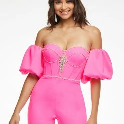 Ashleylauren Corset Dresses Ashley Lauren 11087 Hot Pink Jumpsuit Puff Sleeves Strapless Sweetheart Neckline Corset