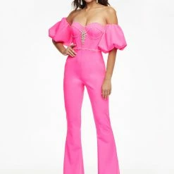 Ashleylauren Corset Dresses Ashley Lauren 11087 Hot Pink Jumpsuit Puff Sleeves Strapless Sweetheart Neckline Corset