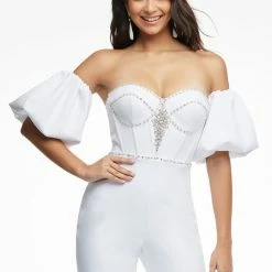 Ashleylauren Corset Dresses Ashley Lauren 11087 Hot Pink Jumpsuit Puff Sleeves Strapless Sweetheart Neckline Corset