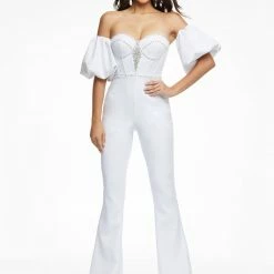 Ashleylauren Corset Dresses Ashley Lauren 11087 Hot Pink Jumpsuit Puff Sleeves Strapless Sweetheart Neckline Corset