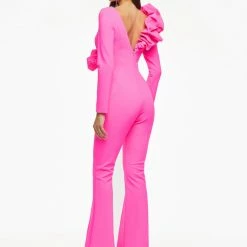 Ashleylauren Jumpsuits & Rompers Ashley Lauren 11088 Hot Pink Jumpsuit Long Sleeved Crew Neckline Ruffle Flared Pants