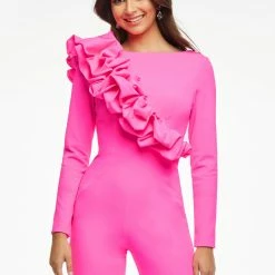 Ashleylauren Jumpsuits & Rompers Ashley Lauren 11088 Hot Pink Jumpsuit Long Sleeved Crew Neckline Ruffle Flared Pants