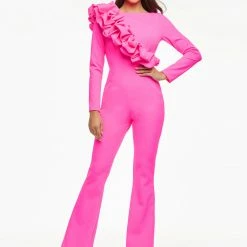 Ashleylauren Jumpsuits & Rompers Ashley Lauren 11088 Hot Pink Jumpsuit Long Sleeved Crew Neckline Ruffle Flared Pants