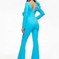 Ashleylauren Jumpsuits & Rompers Ashley Lauren 11088 Hot Pink Jumpsuit Long Sleeved Crew Neckline Ruffle Flared Pants