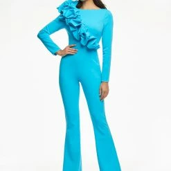 Ashleylauren Jumpsuits & Rompers Ashley Lauren 11088 Hot Pink Jumpsuit Long Sleeved Crew Neckline Ruffle Flared Pants