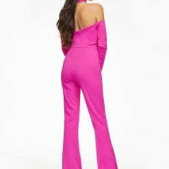 Ashleylauren Ashley Lauren 11089 Fuchsia Jumpsuit Cold Shoulder Long Sleeved Crisscross Halter