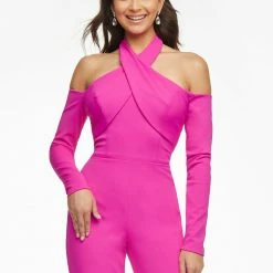 Ashleylauren Ashley Lauren 11089 Fuchsia Jumpsuit Cold Shoulder Long Sleeved Crisscross Halter