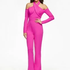 Ashleylauren Ashley Lauren 11089 Fuchsia Jumpsuit Cold Shoulder Long Sleeved Crisscross Halter
