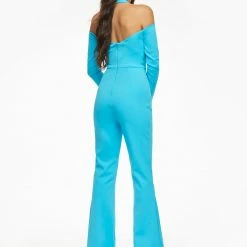 Ashleylauren Ashley Lauren 11089 Fuchsia Jumpsuit Cold Shoulder Long Sleeved Crisscross Halter