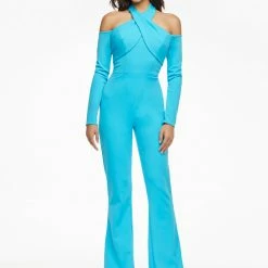 Ashleylauren Ashley Lauren 11089 Fuchsia Jumpsuit Cold Shoulder Long Sleeved Crisscross Halter