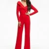 Ashleylauren Ashley Lauren 11090 Red Jumpsuit Long Sleeves V Neckline Lapel Sash Flared Legs