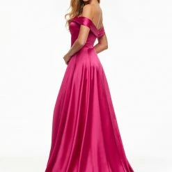 Ashleylauren Ashley Lauren 11091 Sky Blue Prom Dress Off The Shoulder A Line Satin Maxi Slit