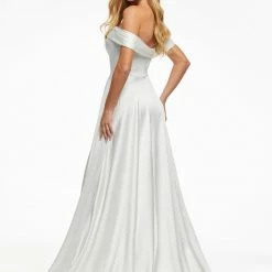 Ashleylauren Ashley Lauren 11091 Sky Blue Prom Dress Off The Shoulder A Line Satin Maxi Slit