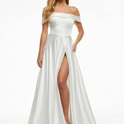 Ashleylauren Ashley Lauren 11091 Sky Blue Prom Dress Off The Shoulder A Line Satin Maxi Slit
