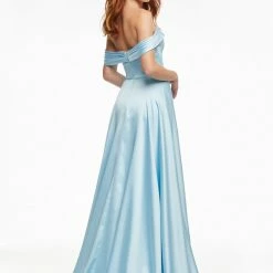 Ashleylauren Ashley Lauren 11091 Sky Blue Prom Dress Off The Shoulder A Line Satin Maxi Slit
