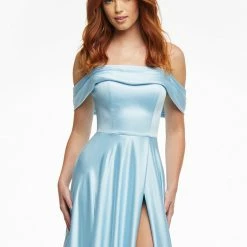 Ashleylauren Ashley Lauren 11091 Sky Blue Prom Dress Off The Shoulder A Line Satin Maxi Slit