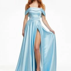 Ashleylauren Ashley Lauren 11091 Sky Blue Prom Dress Off The Shoulder A Line Satin Maxi Slit