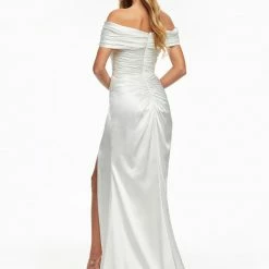 Ashleylauren Ashley Lauren 11093 Lilac Prom Dress Off The Shoulder Satin Ruched Maxi Slit Wrap