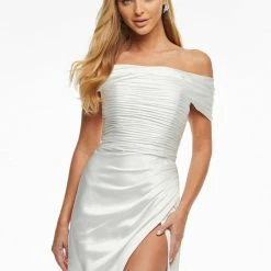 Ashleylauren Ashley Lauren 11093 Lilac Prom Dress Off The Shoulder Satin Ruched Maxi Slit Wrap