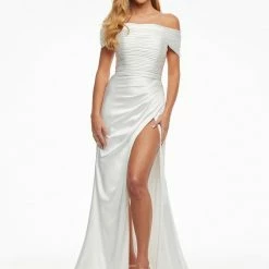 Ashleylauren Ashley Lauren 11093 Lilac Prom Dress Off The Shoulder Satin Ruched Maxi Slit Wrap