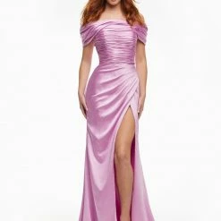 Ashleylauren Ashley Lauren 11093 Lilac Prom Dress Off The Shoulder Satin Ruched Maxi Slit Wrap