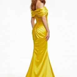 Ashleylauren Ashley Lauren 11093 Lilac Prom Dress Off The Shoulder Satin Ruched Maxi Slit Wrap