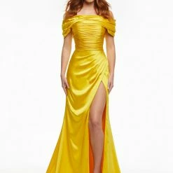 Ashleylauren Ashley Lauren 11093 Lilac Prom Dress Off The Shoulder Satin Ruched Maxi Slit Wrap