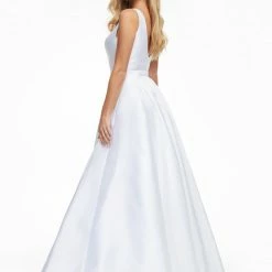 In Stock Ballgown Dresses Ashley Lauren 11094 Size 12 White Prom Dress A Line Mikado Satin V Neckline Wide Straps