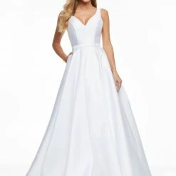 In Stock Ballgown Dresses Ashley Lauren 11094 Size 12 White Prom Dress A Line Mikado Satin V Neckline Wide Straps